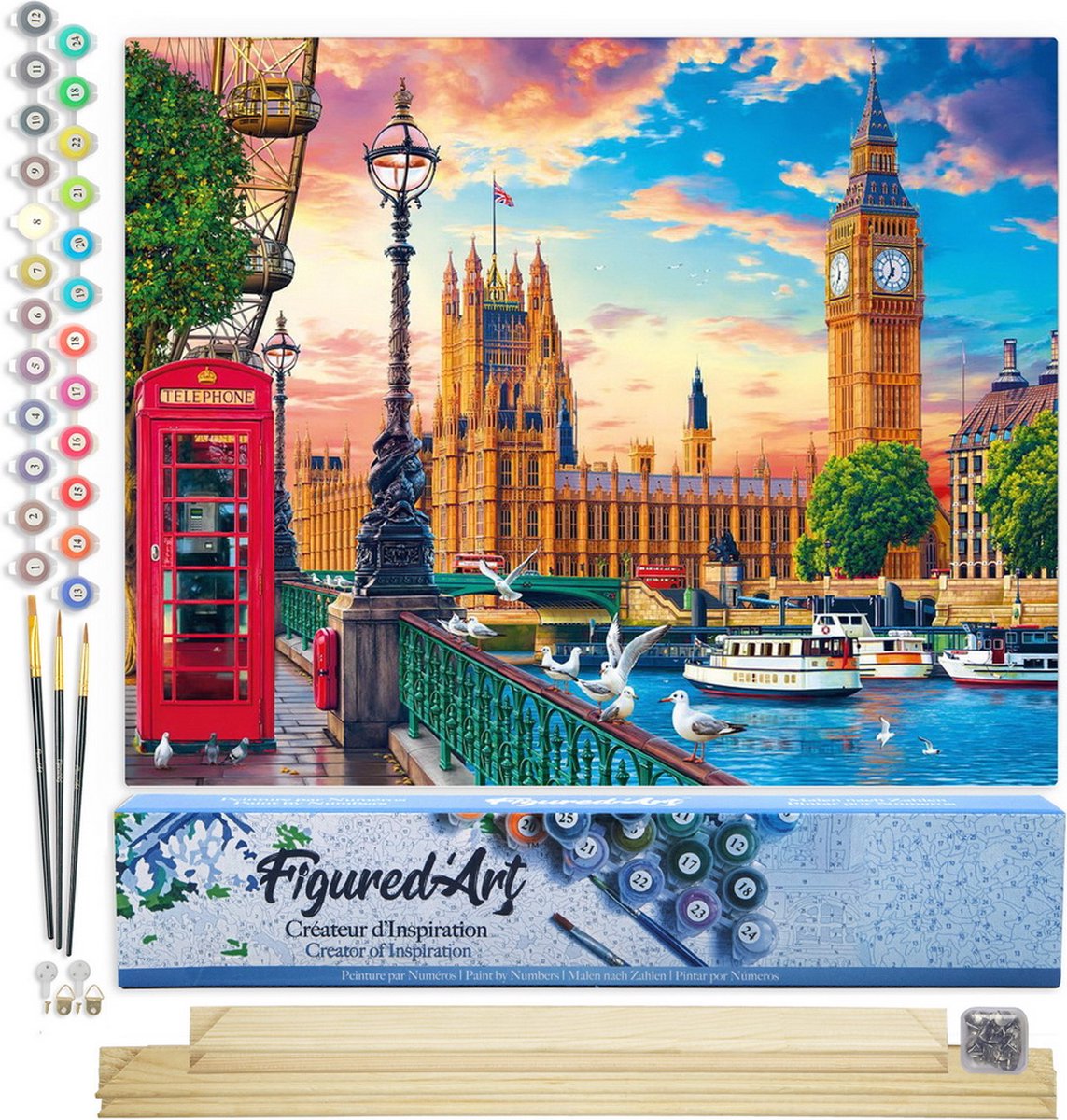 FiguredArt Schilderen op Nummer Volwassenen canvas Londen in de lente - Handwerk acrylverf Kit DIY Compleet - 40x50cm met DIY houten lijst